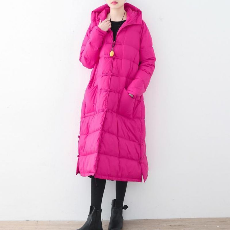 Fijne Rozerode Puffersjassen Losvallend Donsjack Nieuwe Winteroutwear Met Capuchon Chinese Knop - Rood