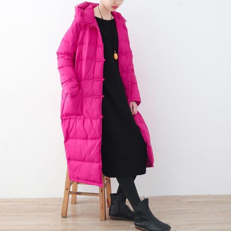 Fijne Rozerode Puffersjassen Losvallend Donsjack Nieuwe Winteroutwear Met Capuchon Chinese Knop - Rood