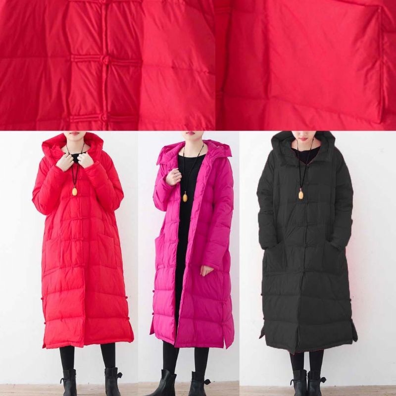 Fijne Rozerode Puffersjassen Losvallend Donsjack Nieuwe Winteroutwear Met Capuchon Chinese Knop - Rood