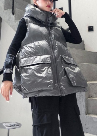 Fijne Zilvergrijze Winteroutwear Plus Size Kleding Sneeuw Mouwloze Zakken Met Capuchon