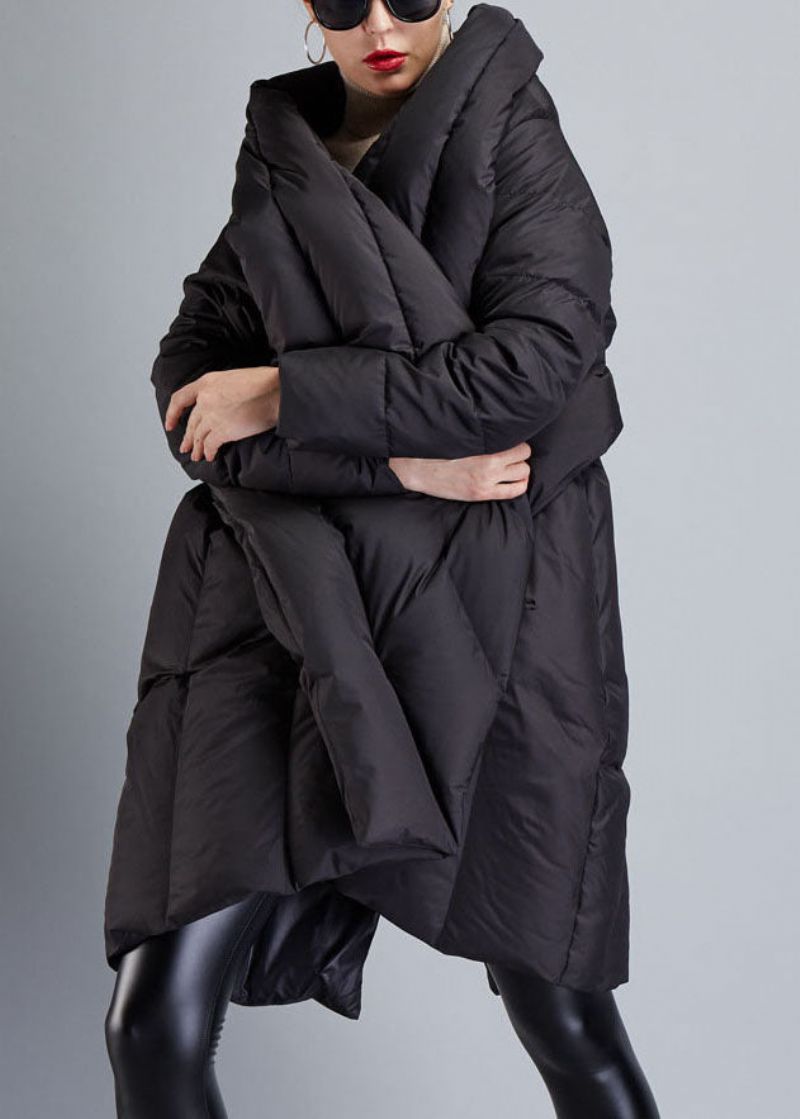 Fijne Zwarte Asymmetrische Mantel Eendendons Winterjassen Winter - Dames donsjacks