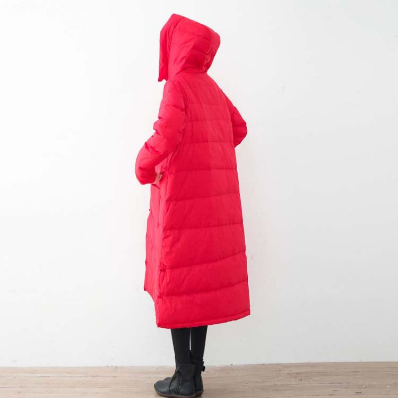 Fijne Zwarte Donsjas Oversized Puffers Jassen Nieuwe Chinese Knoopjassen Met Capuchon - Rood