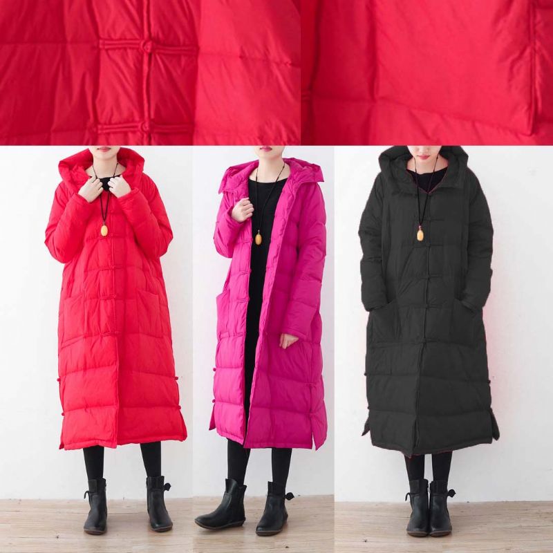 Fijne Zwarte Donsjas Oversized Puffers Jassen Nieuwe Chinese Knoopjassen Met Capuchon - Rood