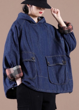 Franse Denimblauwe Kleding Voor Dames Oversized Lentetops Met Zakken En Capuchon