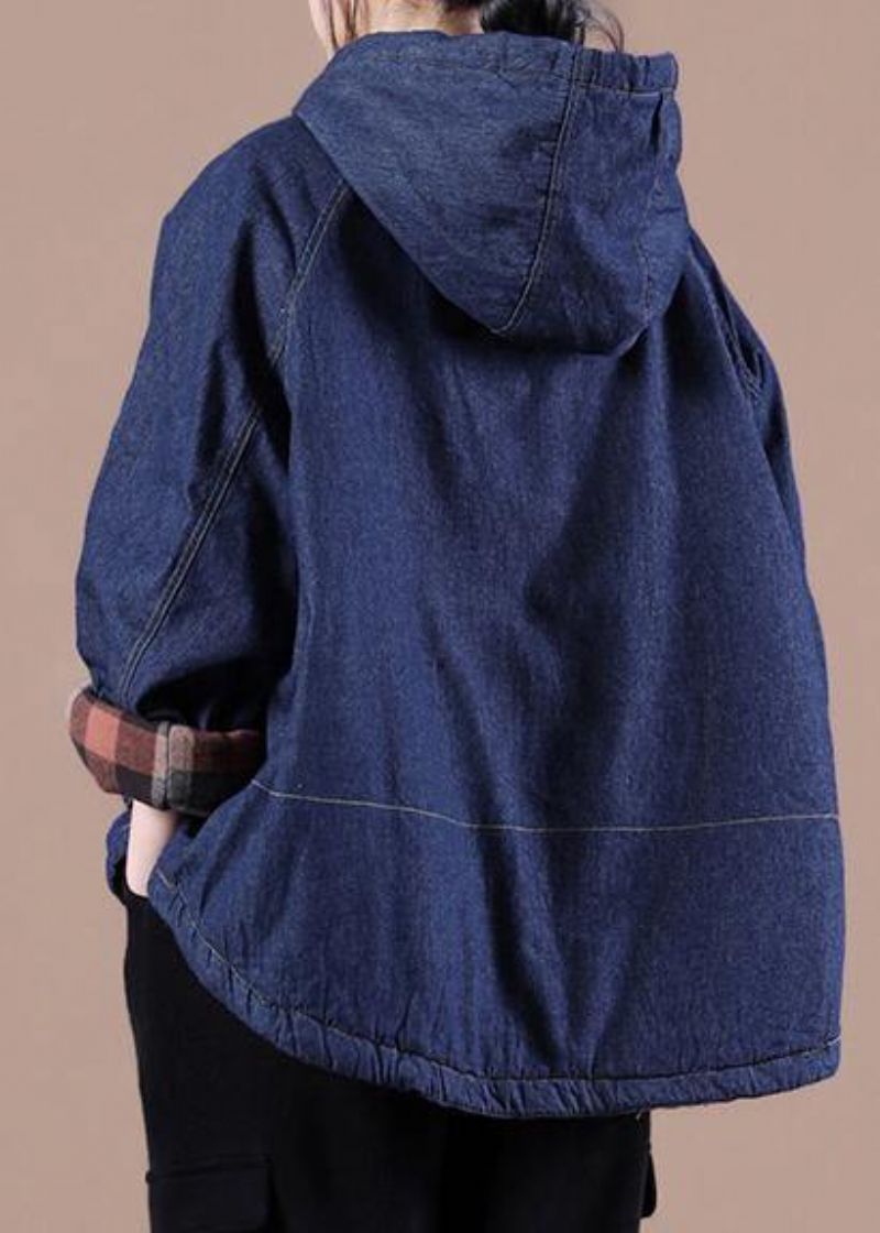 Franse Denimblauwe Kleding Voor Dames Oversized Lentetops Met Zakken En Capuchon - Blauw