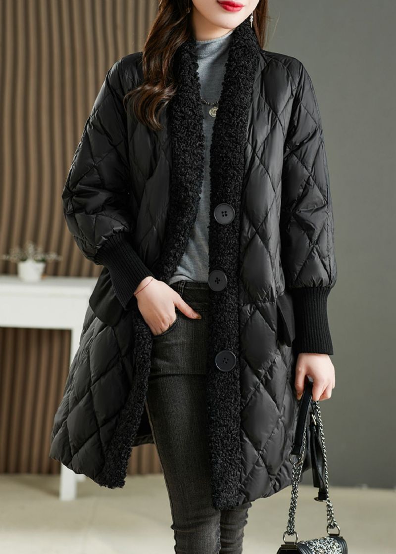 Franse Zwarte Zakken Teddy Namaakbont Patchwork Eendendons Parka Winter - Dames donsjacks