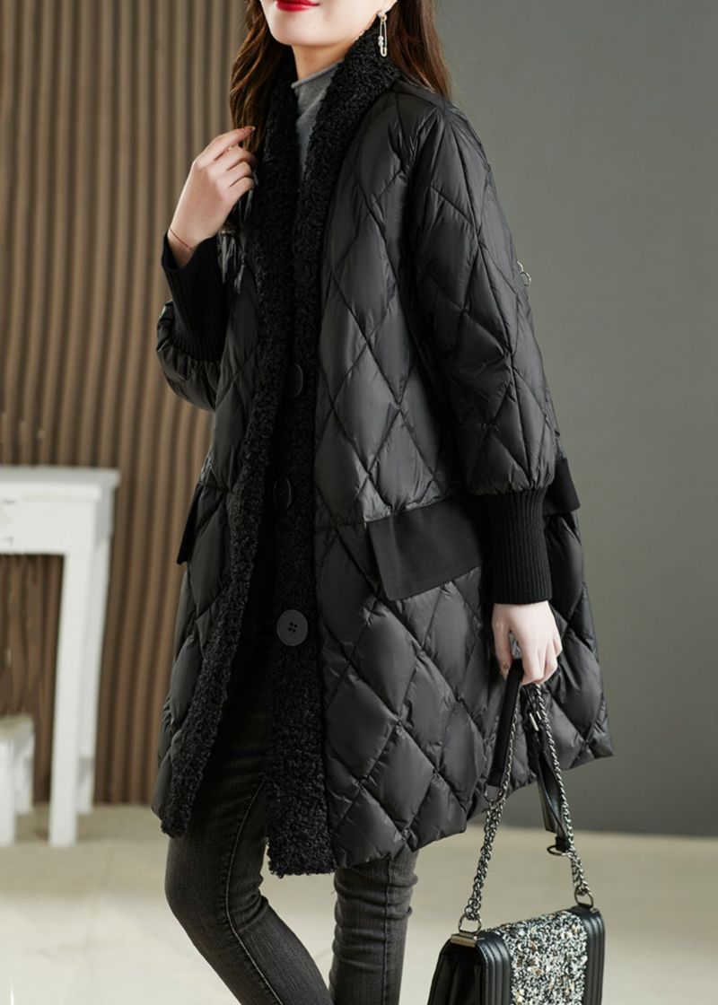 Franse Zwarte Zakken Teddy Namaakbont Patchwork Eendendons Parka Winter - Dames donsjacks