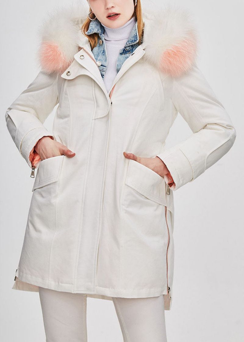 Getailleerde Witte Capuchon Met Bontkraag Laag Hoog Design Winter Eendendonsjas