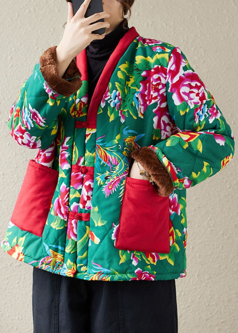 Groene Knoop-patchwork Warme Fleece Parka Met V-hals En Lange Mouw