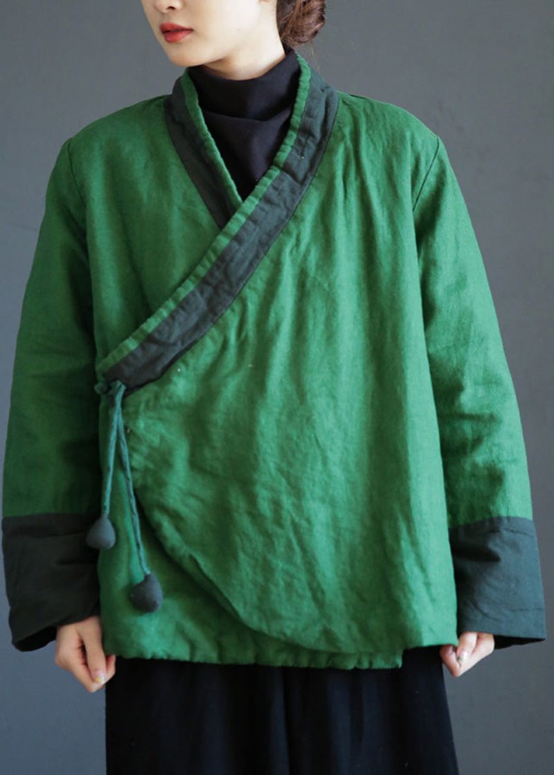 Groene V-hals Met Stropdas In De Taille Warme Fleece-linnen Parka Winter - Groen