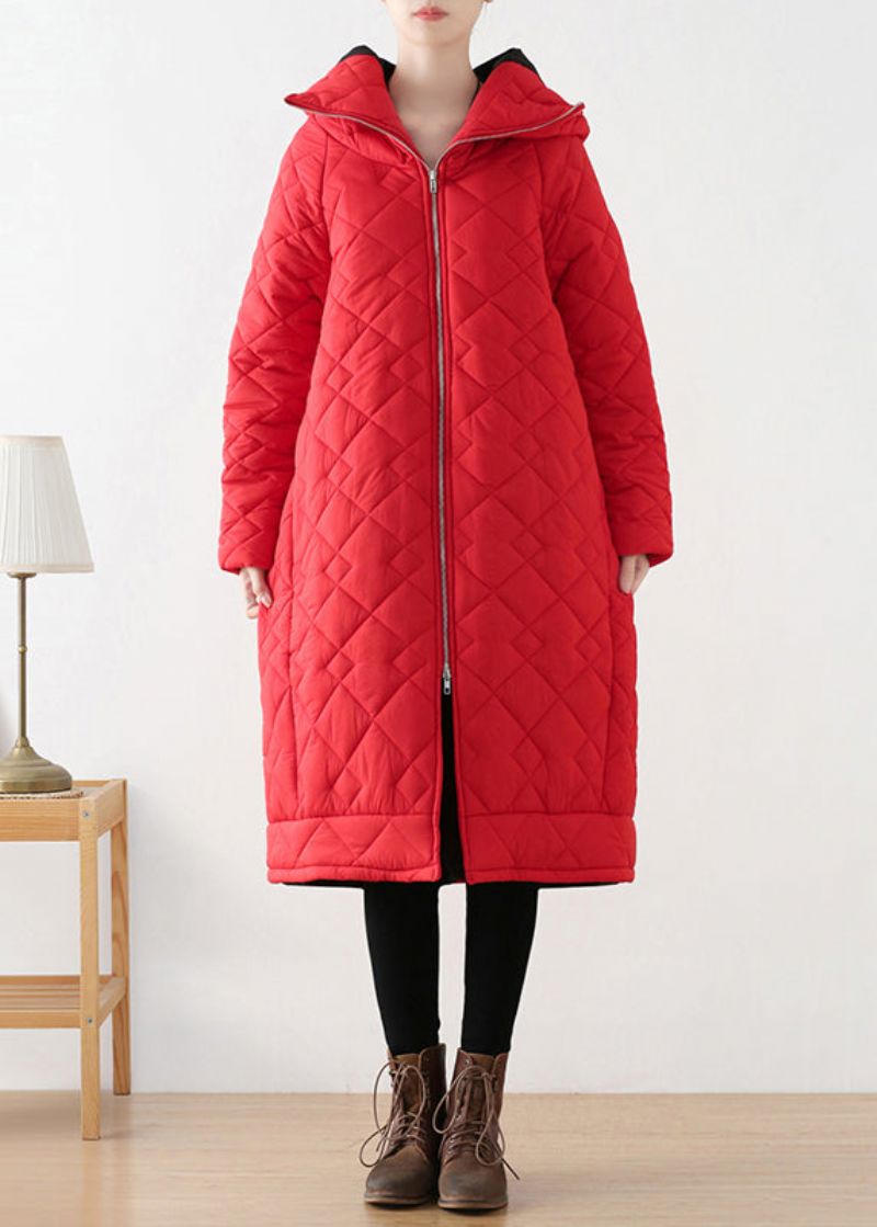 Grote Maat Rode Lange Parka Met Ritssluiting Dikke Capuchon En Winter - Rood