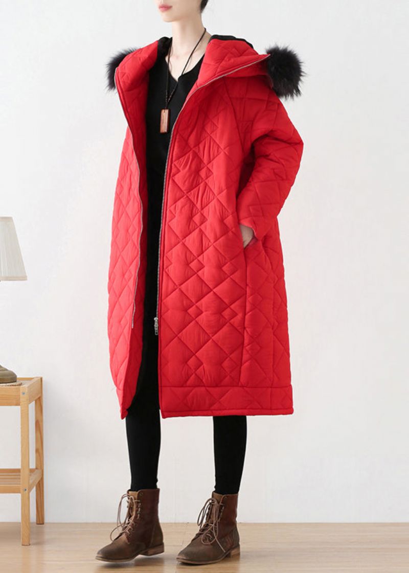 Grote Maat Rode Lange Parka Met Ritssluiting Dikke Capuchon En Winter - Rood