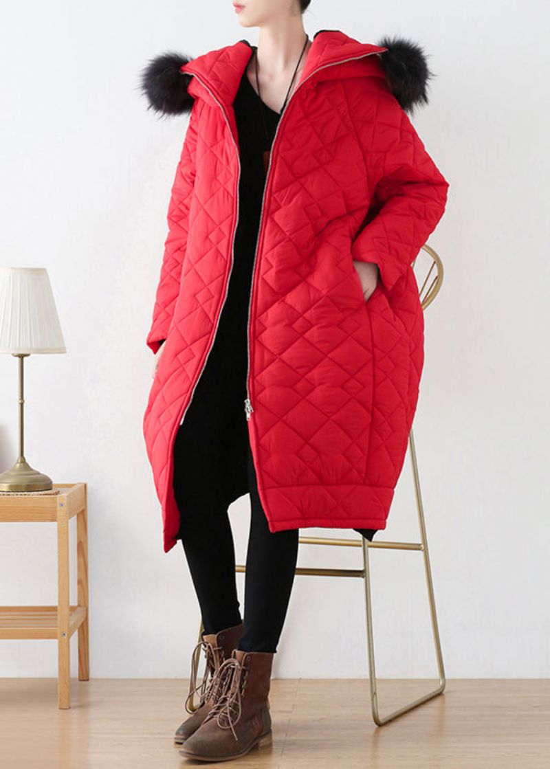 Grote Maat Rode Lange Parka Met Ritssluiting Dikke Capuchon En Winter - Rood