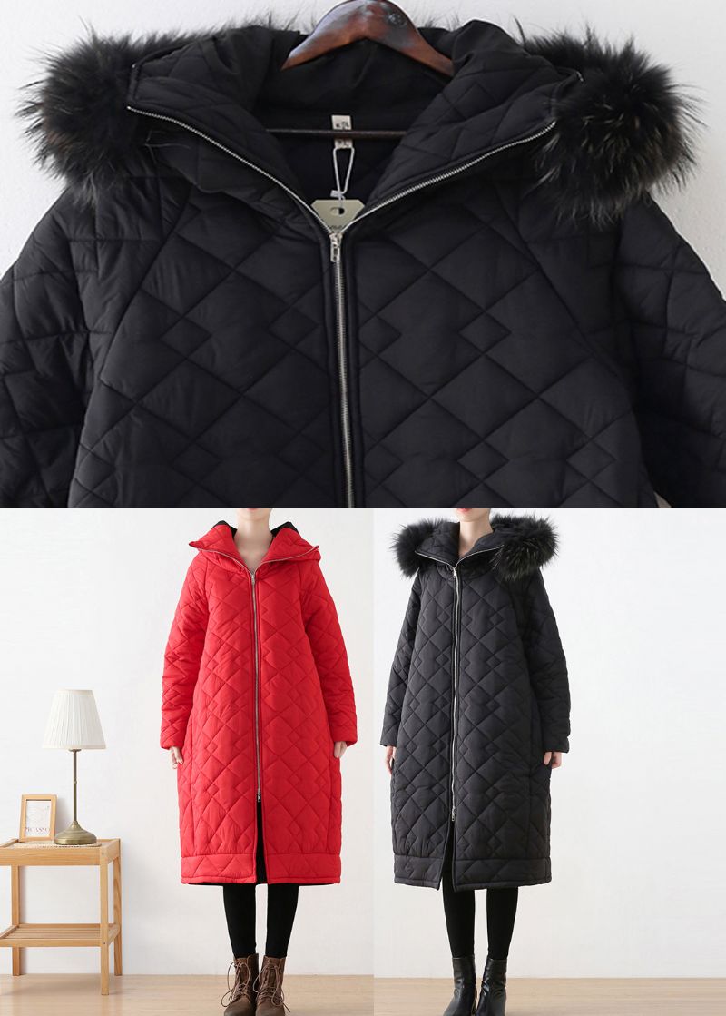 Grote Maat Rode Lange Parka Met Ritssluiting Dikke Capuchon En Winter - Rood