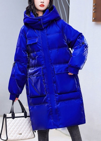 Grote Maten Blauwe Zakken Met Ritssluiting Warme Fleece Heldere Parka Met Lange Mouwen En Capuchon