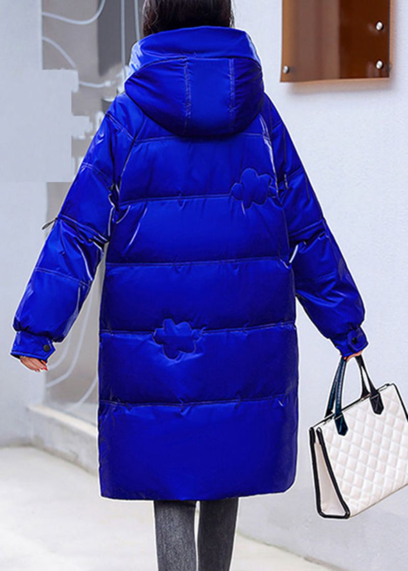 Grote Maten Blauwe Zakken Met Ritssluiting Warme Fleece Heldere Parka Met Lange Mouwen En Capuchon - Blauw