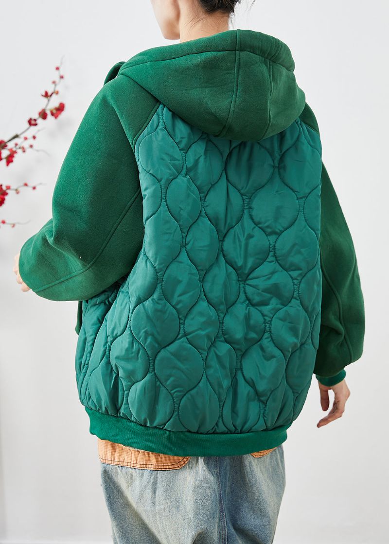 Handgemaakte Groene Capuchon Patchwork Fijn Katoen Gevuld Pufferjack Winter - Dames donsjacks