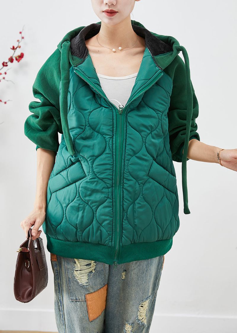 Handgemaakte Groene Capuchon Patchwork Fijn Katoen Gevuld Pufferjack Winter - Dames donsjacks