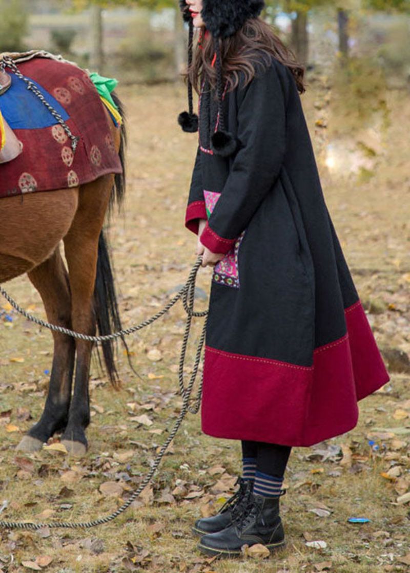 Handgemaakte Zwarte V-hals Patchwork Geborduurde Fijne Katoenen Gevulde Jurk Winter - Dames donsjacks