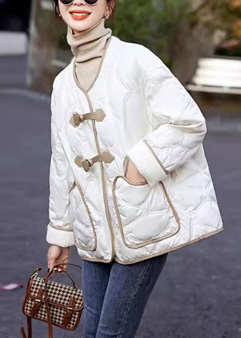 Italiaans Beige O-hals Geruite Patchwork Zakken Knop Parka Winter - Beige