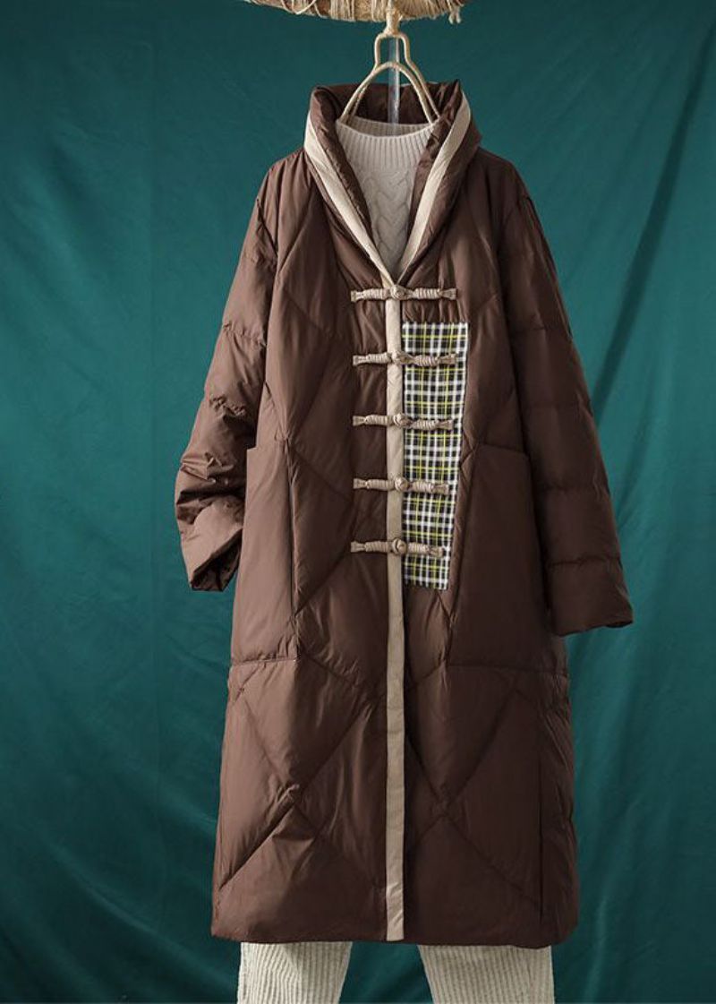 Italiaanse Chocolade Mandarijn Kraag Oversized Patchwork Eendendons Pufferjack Winter