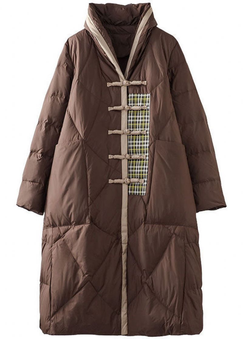 Italiaanse Chocolade Mandarijn Kraag Oversized Patchwork Eendendons Pufferjack Winter - Dames donsjacks