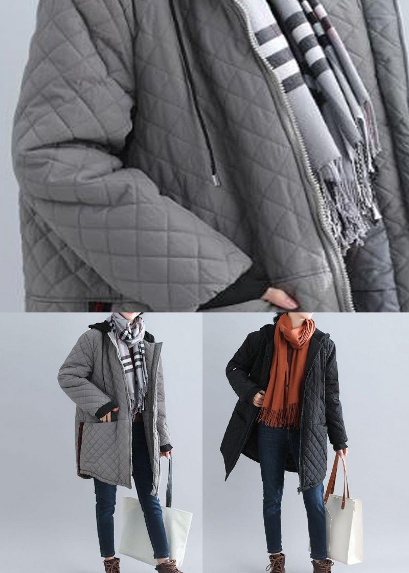 Italiaanse Grijze Jas Met Capuchon Patchwork Fijne Katoenen Vulling Winter - Dames donsjacks