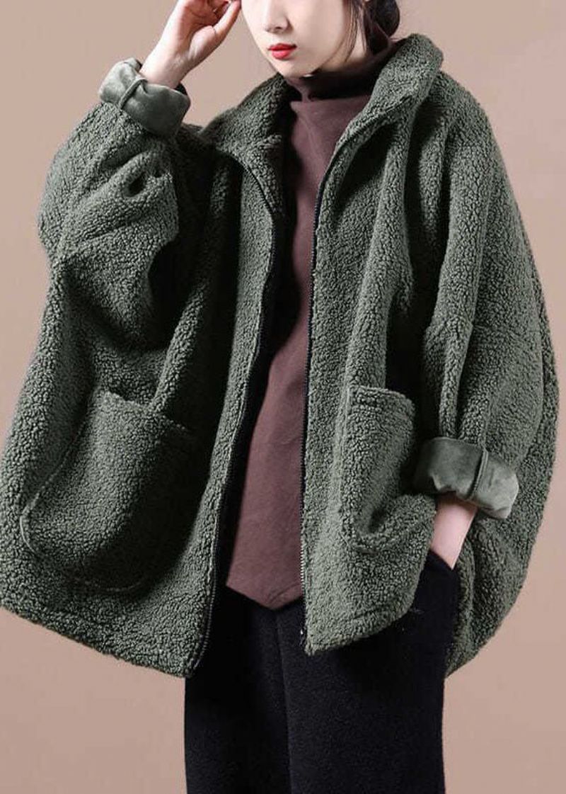 Italiaanse Legergroene Oversized Teddy-bontjas Met Ritssluiting Winter