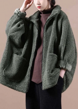 Italiaanse Legergroene Oversized Teddy-bontjas Met Ritssluiting Winter