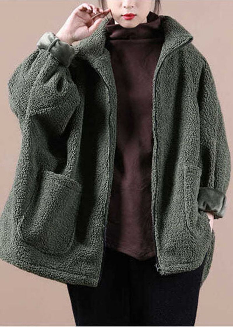 Italiaanse Legergroene Oversized Teddy-bontjas Met Ritssluiting Winter - Legergroen