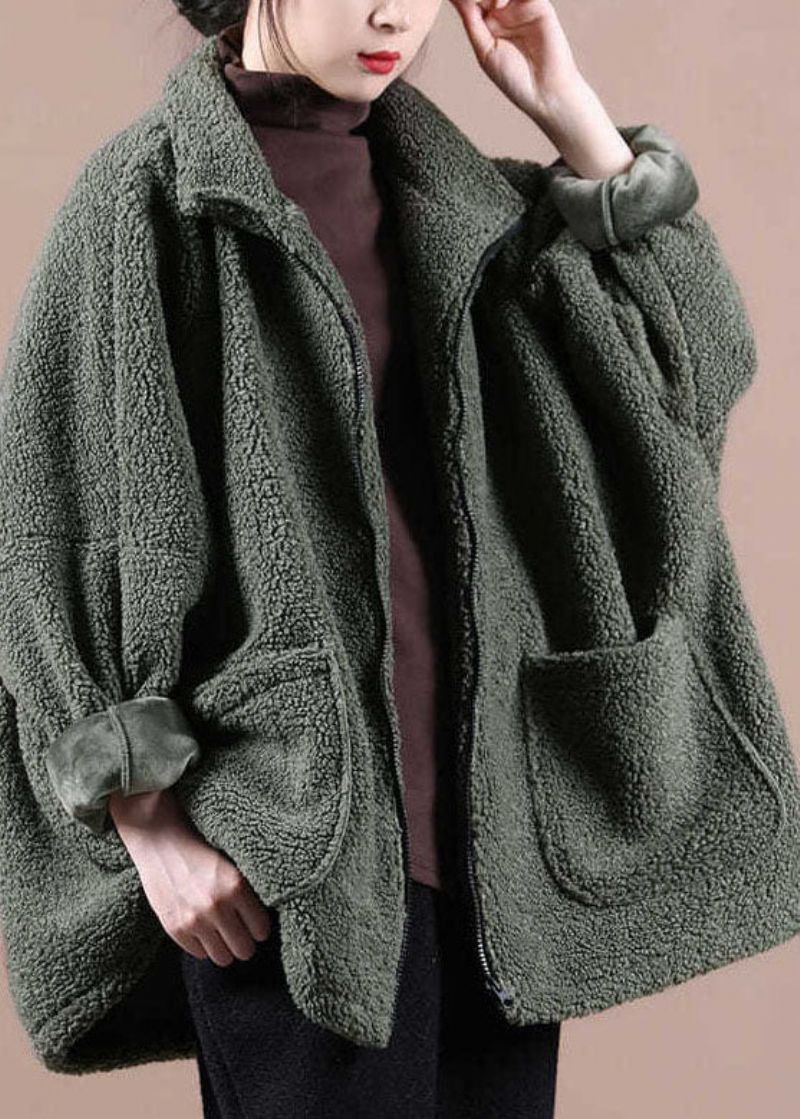 Italiaanse Legergroene Oversized Teddy-bontjas Met Ritssluiting Winter - Legergroen