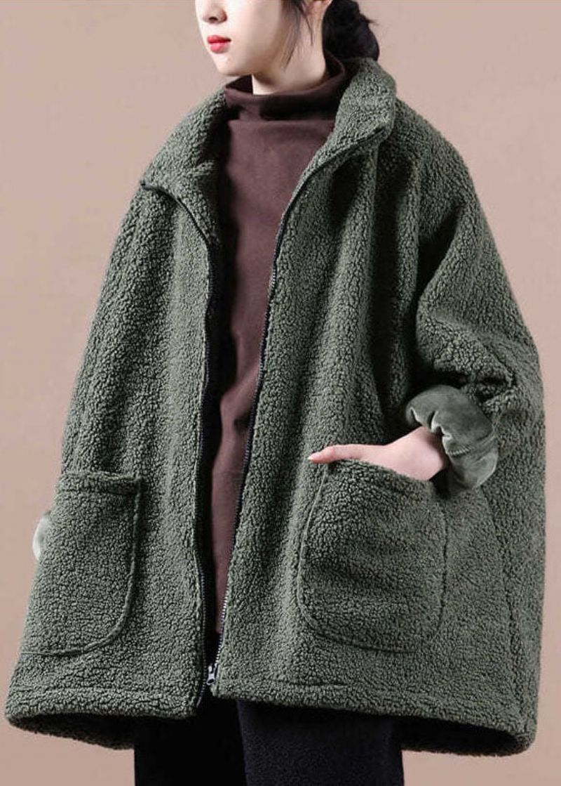 Italiaanse Legergroene Oversized Teddy-bontjas Met Ritssluiting Winter - Legergroen