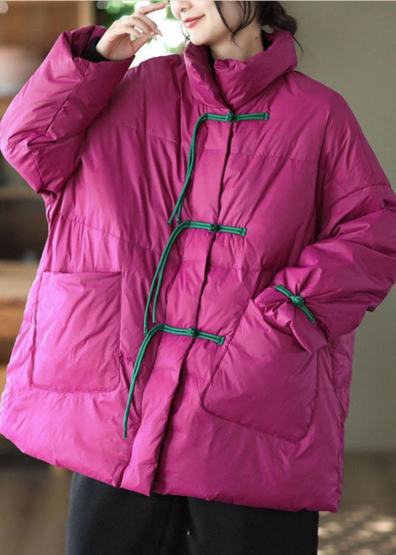 Italiaanse Roze Opstaande Kraag Oosterse Knoop Fijn Katoen Gevuld Parka's In Chinese Stijl Winter