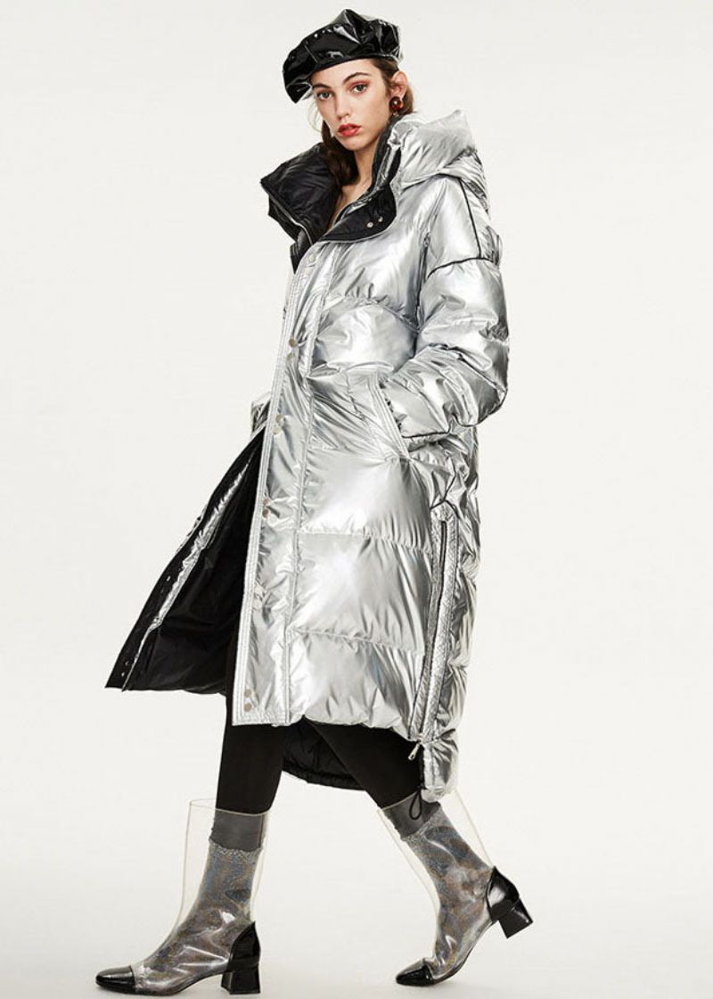 Italiaanse Zilverachtige Oversized Ritssluiting Met Verlengde Eendendons Winterjassen - Dames donsjacks