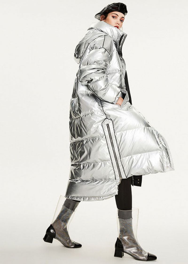 Italiaanse Zilverachtige Oversized Ritssluiting Met Verlengde Eendendons Winterjassen - Dames donsjacks