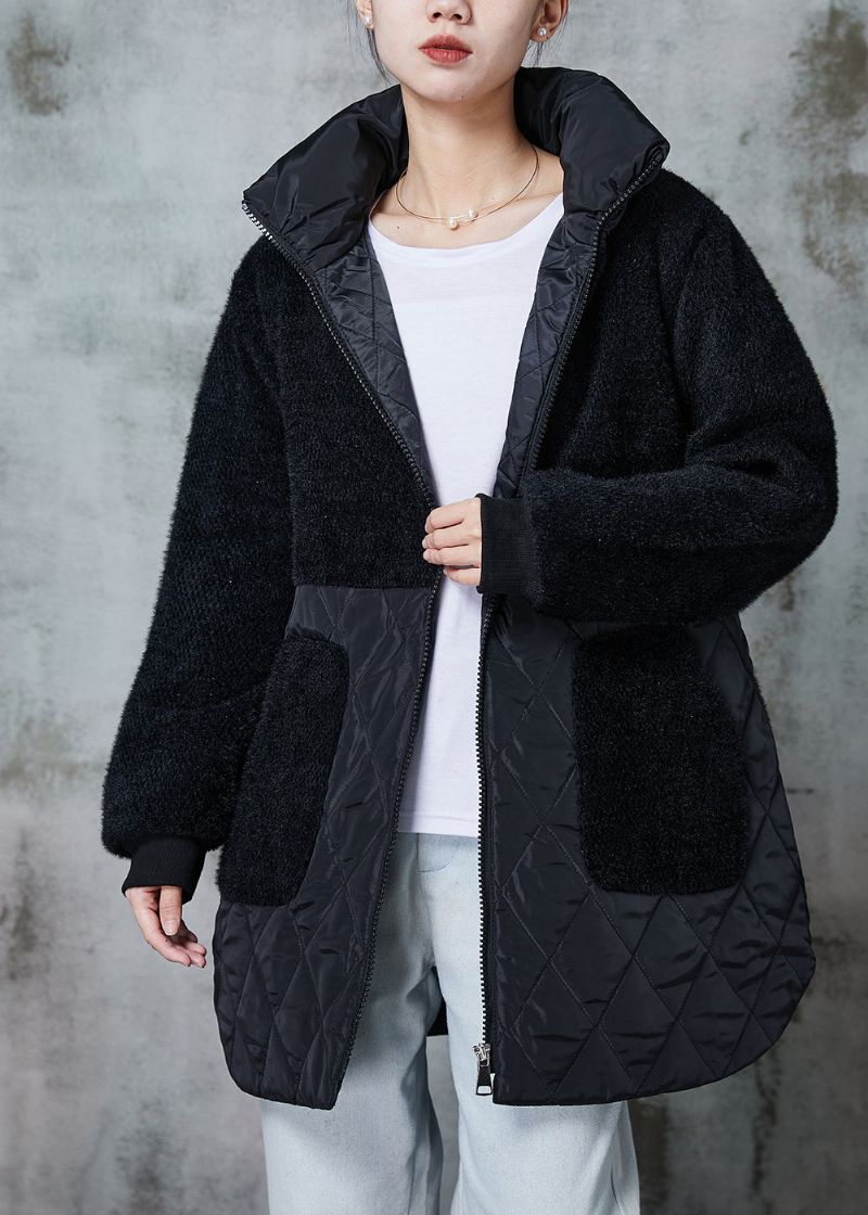 Italiaanse Zwarte Oversized Patchwork Nepbont Katoen Gevulde Jassen Winter - Dames donsjacks