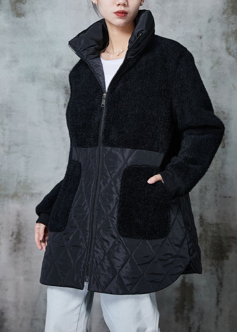 Italiaanse Zwarte Oversized Patchwork Nepbont Katoen Gevulde Jassen Winter - Dames donsjacks