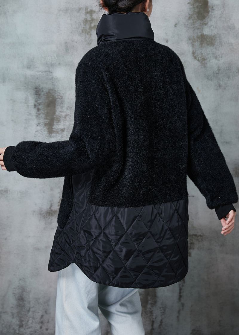 Italiaanse Zwarte Oversized Patchwork Nepbont Katoen Gevulde Jassen Winter - Dames donsjacks