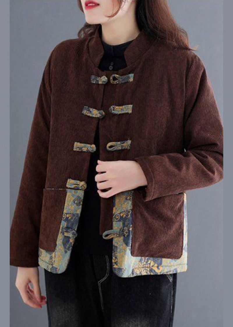 Koffie Warme Corduroy Jas Fleece Wol Gevoerd Chinese Knoop Winter - Dames donsjacks