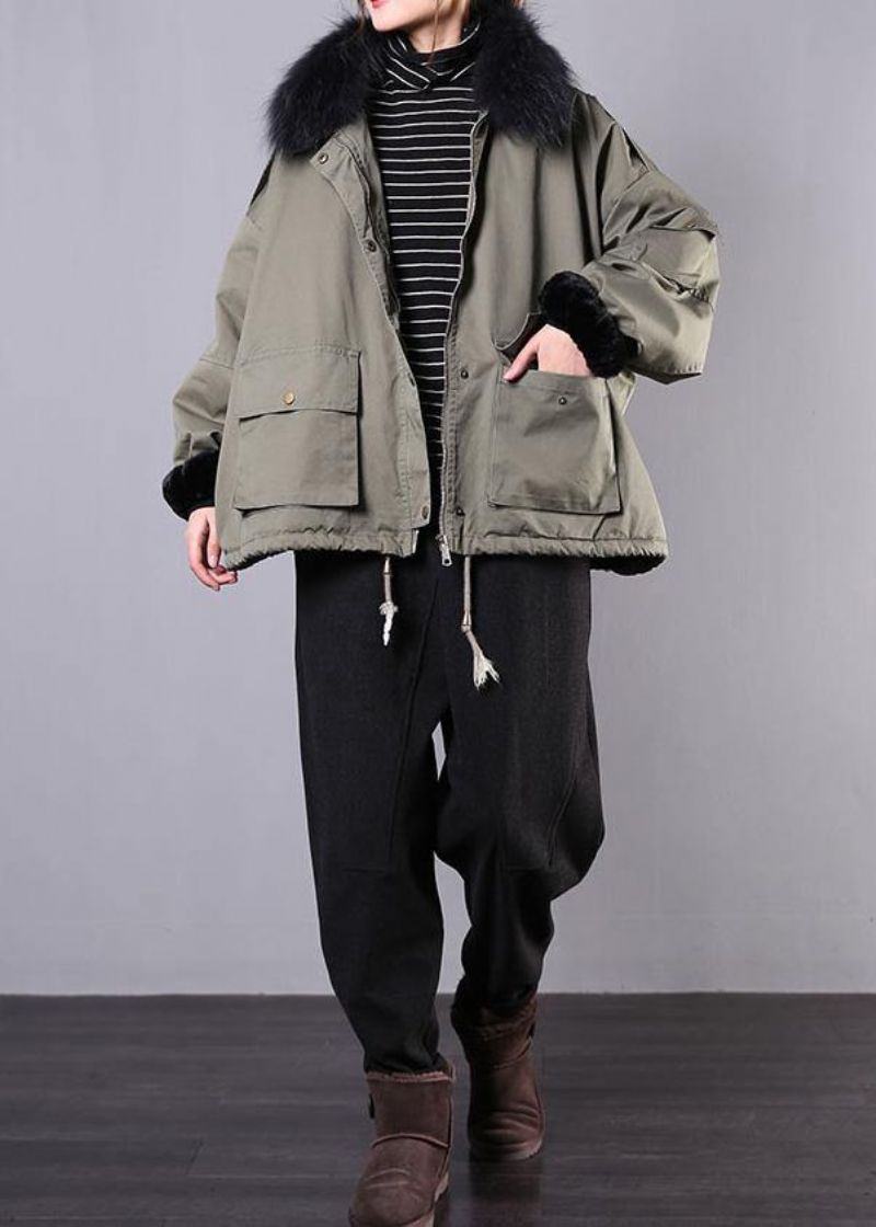 Legergroen Casual Outfit Oversized Sneeuwjassen Zakken Nepbontkraag Winterjassen - Legergroen