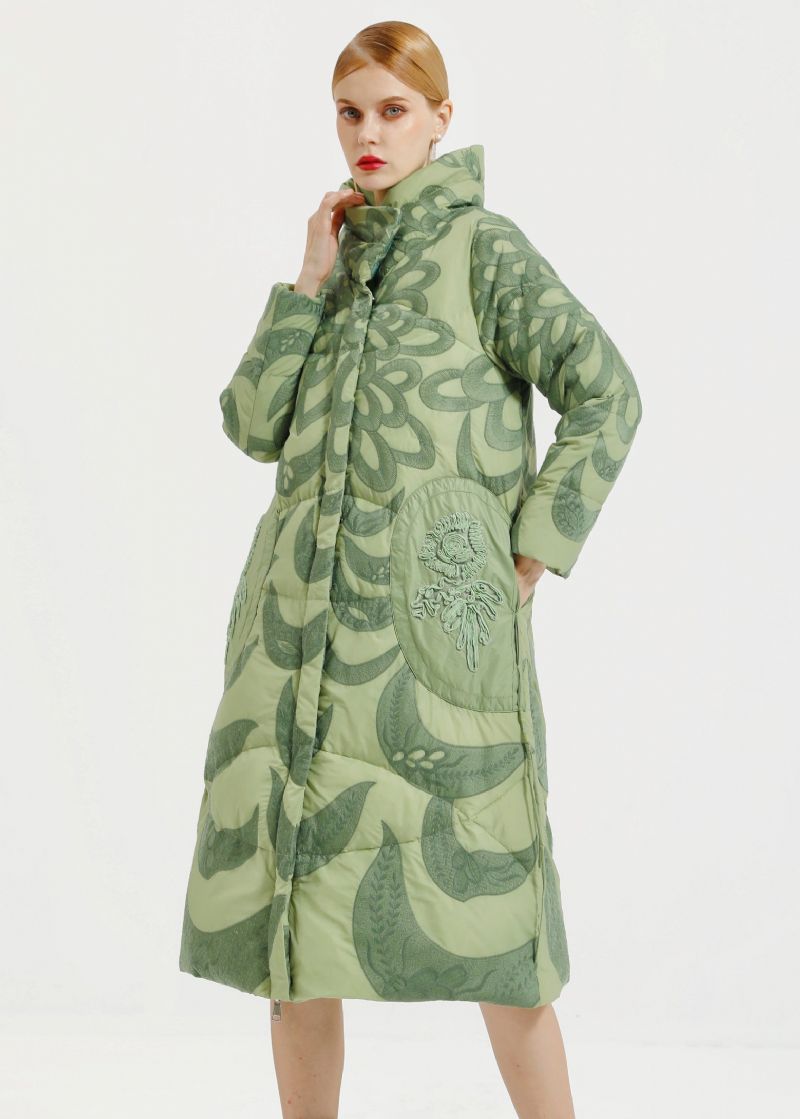 Losse Groene Capuchon Geborduurd Patchwork Eendendons Lange Jas Winter - Dames donsjacks