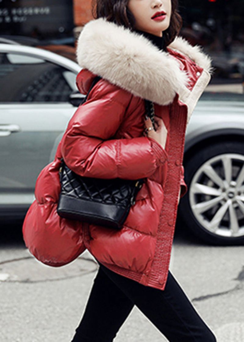 Losse Rode Bontkraag Eendendonsjassen Met Capuchon Winter - Rood