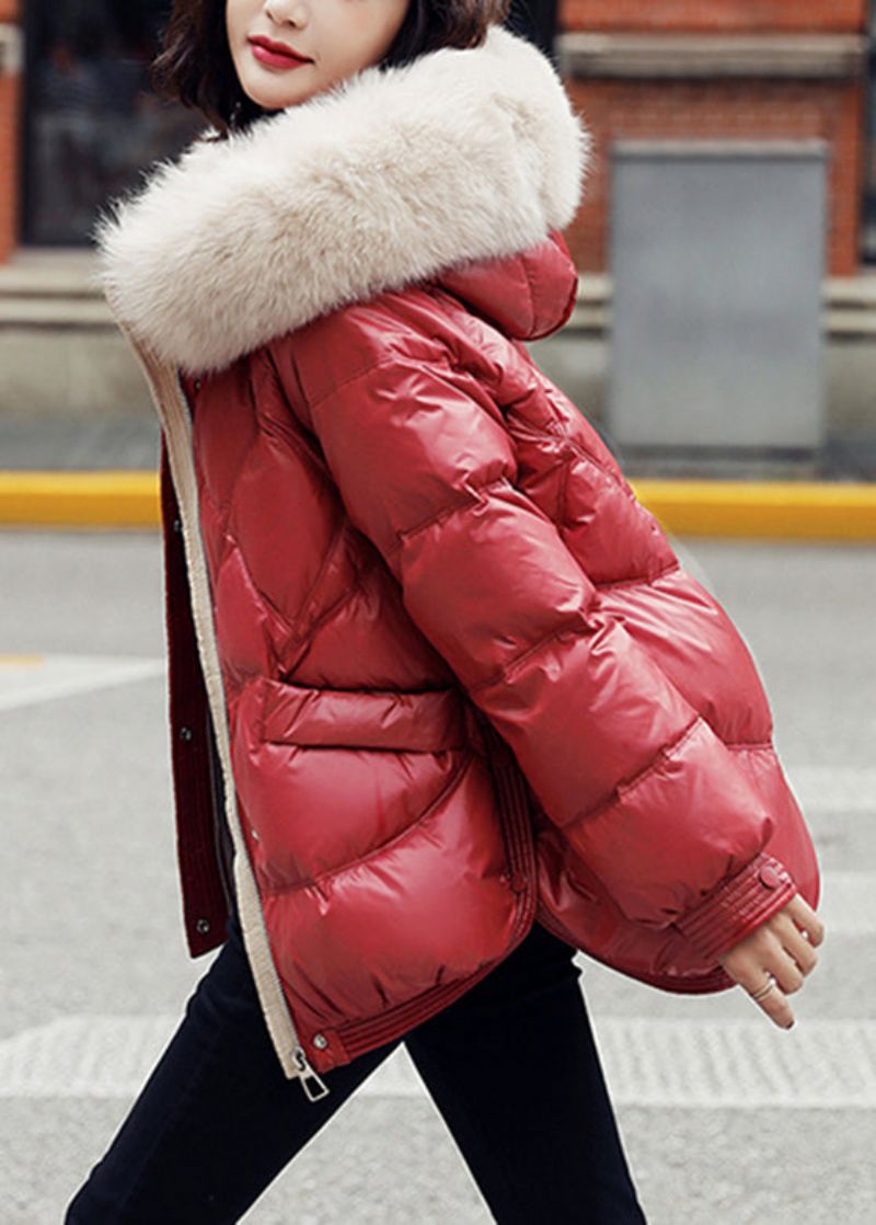 Losse Rode Bontkraag Eendendonsjassen Met Capuchon Winter - Rood