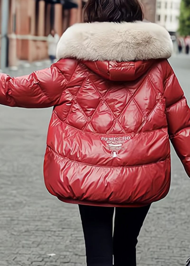 Losse Rode Bontkraag Eendendonsjassen Met Capuchon Winter - Rood