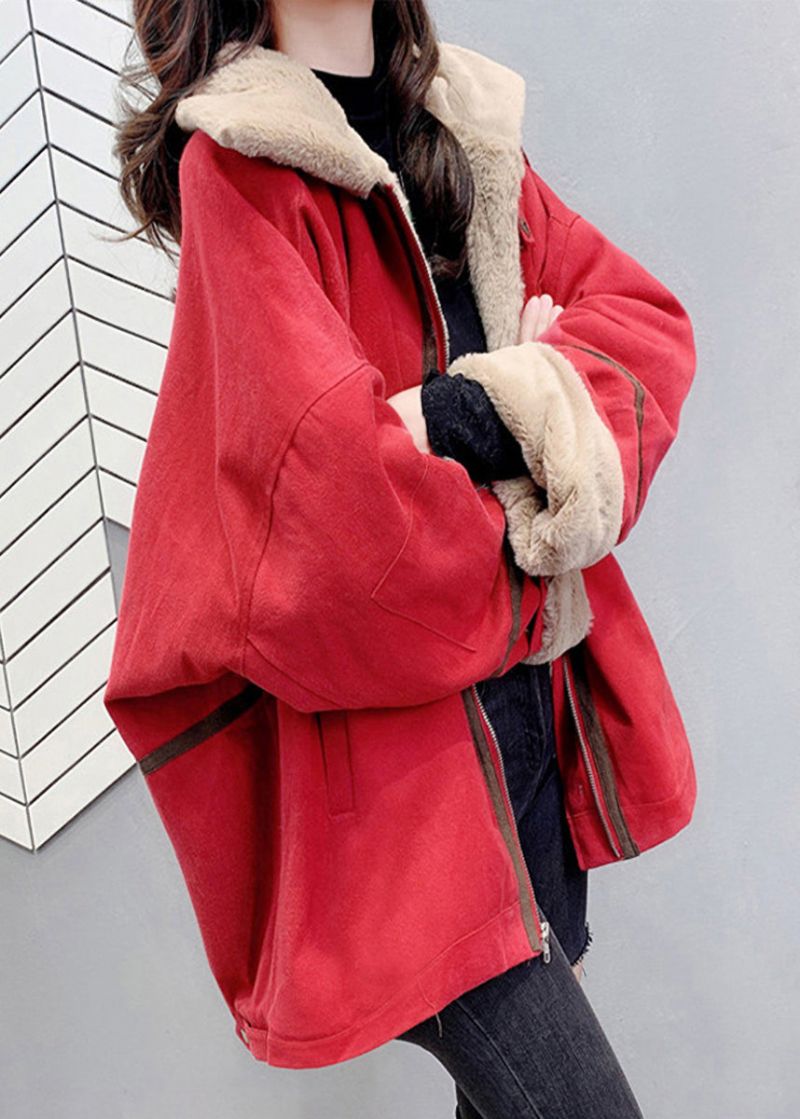 Losse Rode Peter Pan-kraag Warme Fleeceparka Met Ritssluiting Winter - Rood