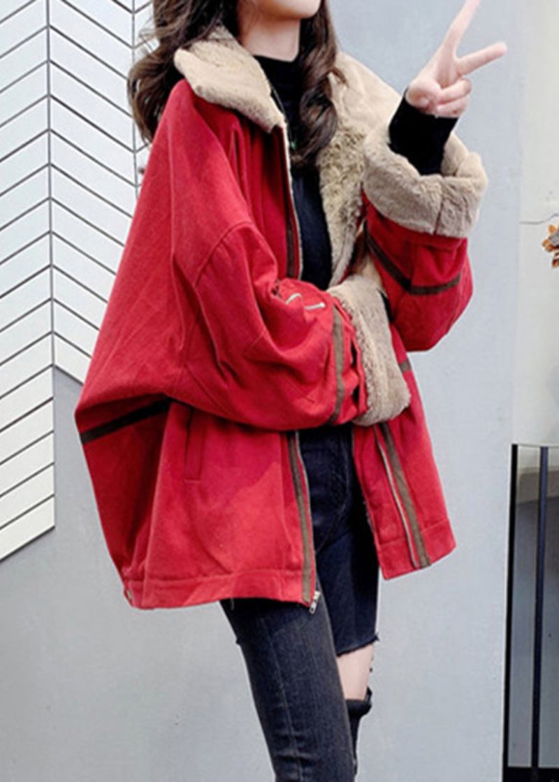 Losse Rode Peter Pan-kraag Warme Fleeceparka Met Ritssluiting Winter - Rood