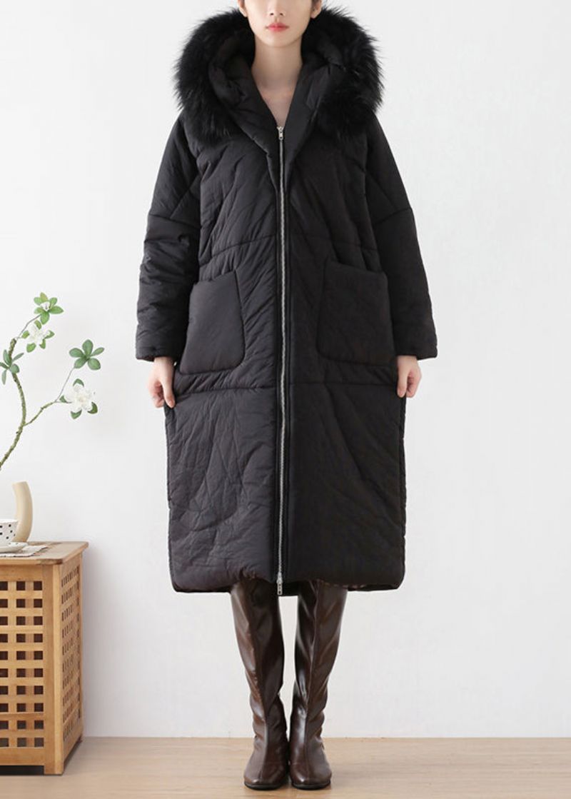 Losse Zwarte Bontkraag Dikke Maxi-parka Met Capuchon Winter