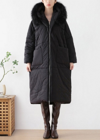 Losse Zwarte Bontkraag Dikke Maxi-parka Met Capuchon Winter