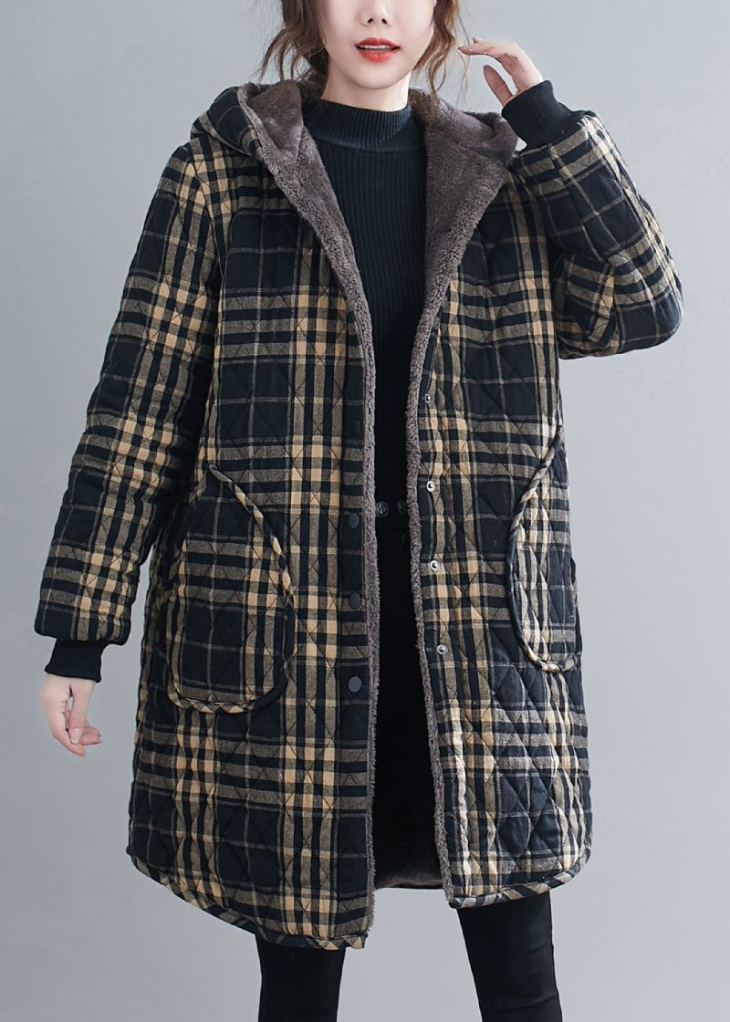 Losse Zwarte Geruite Zakken Met Capuchon Warme Fleece Parka Winter