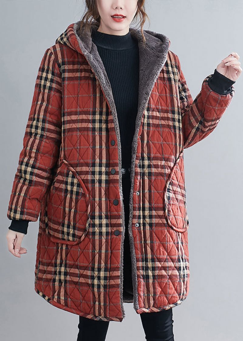 Losse Zwarte Geruite Zakken Met Capuchon Warme Fleece Parka Winter - Dames donsjacks